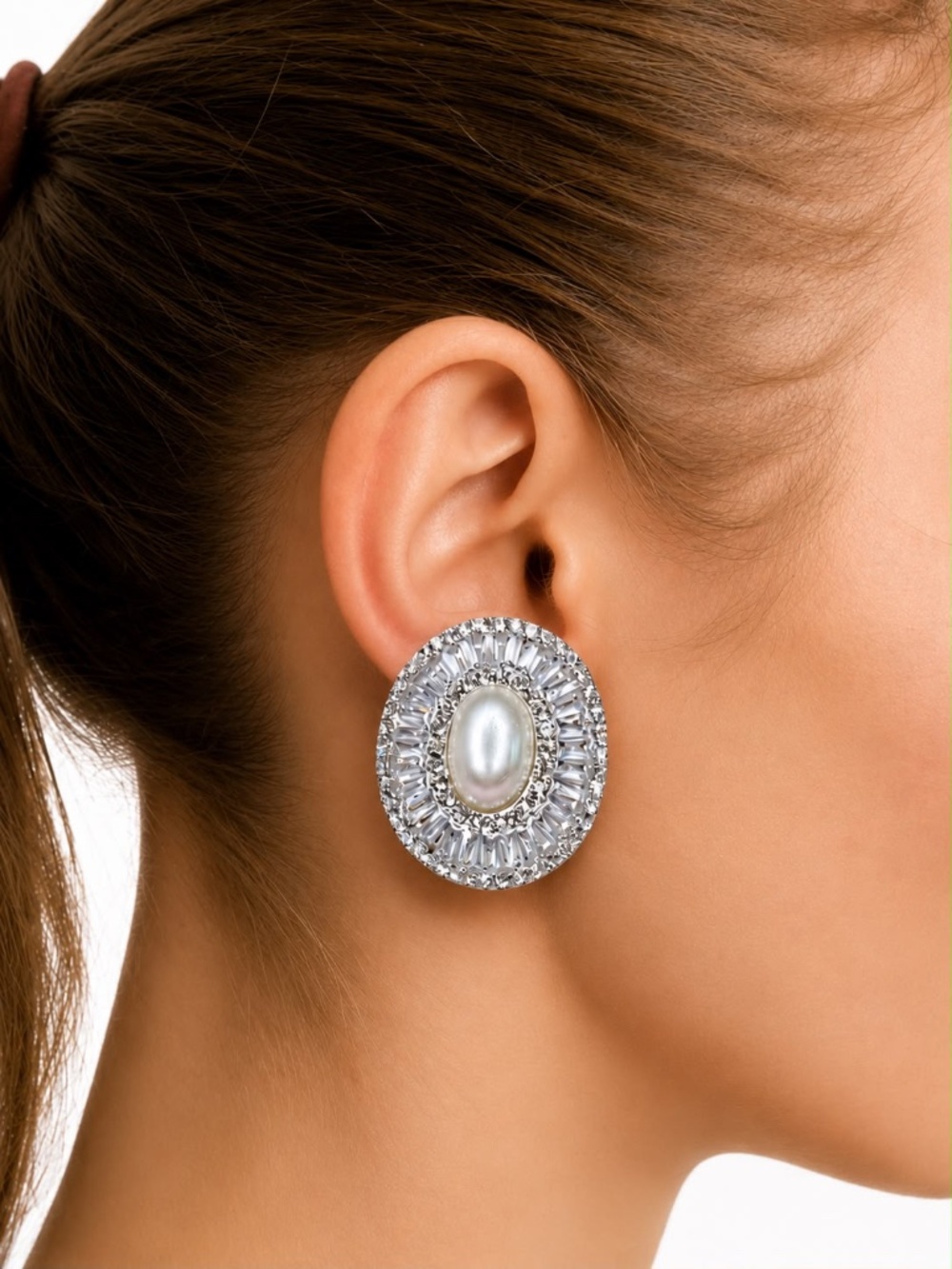 Silver Pearl Clip On Earrings, Vintage Statement Oval Faux Pearl Rhinestone Gift